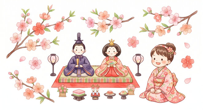 Watercolor illustration set for Hinamatsuri Doll Festival