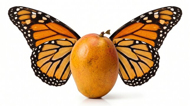 Tropical Mango With Butterfly Wings Surreal Concept White Background