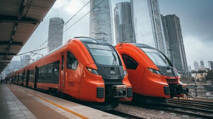 Fototapeta premium Modern Urban Transport System Featuring Two Bright Orange Trains Stationed at a City Platform Surrounded by Skyscrapers and Dynamic Architecture