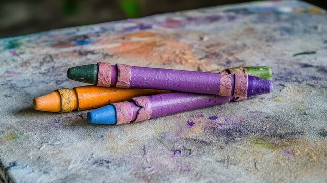 Broken Purple and Orange Crayons Fragments on Surface