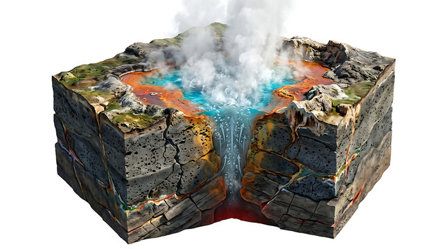 Geological cross section of a hot spring volcanic vent isolated on a white background