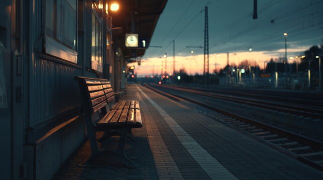 Serene Railway Station Bench at Dusk with Soft Lighting and a Empty Train Platform Captured in Cinematic Style with Vibrant Sunset Colors