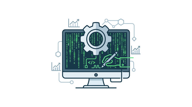 A digital illustration of a computer monitor displaying binary code with a gear icon and a hand drawing a circuit.