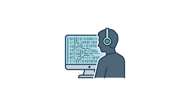 A stylized illustration of a person wearing headphones working on a computer with binary code on the screen.