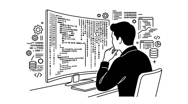 A dedicated programmer sitting at a desk and analyzing complex code on a large computer monitor.