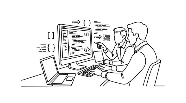 Two software developers collaborating on code at a workstation.