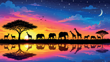 Fototapeta premium Vibrant African Savanna Landscape Vector with Wildlife Silhouettes, Elephants, Giraffes, and Zebras Reflecting in Water Under a Colorful Sunset and Starry Night Sky Scene Illustration