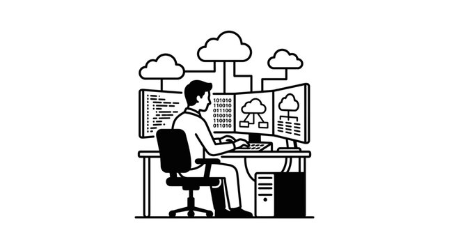 A professional software developer working on cloud computing infrastructure at a multi monitor workstation.