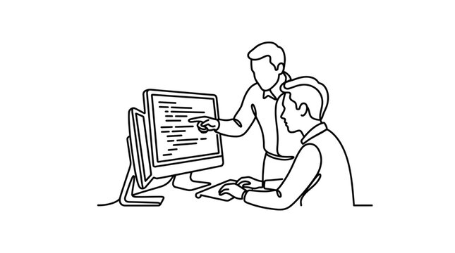 A continuous line drawing of two colleagues collaborating on computer programming code.
