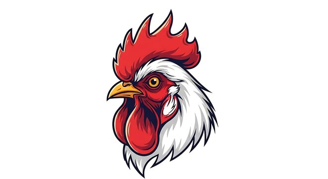 Vibrant red rooster illustration with detailed feathers.