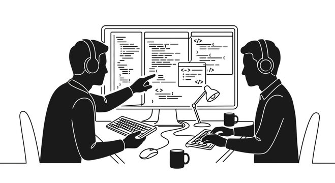 Two software developers collaborating on code at a computer workstation.