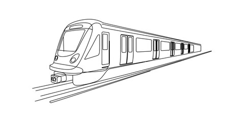 Modern train on tracks, line art illustration © Badhon_Designer