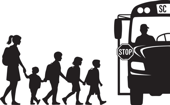 School bus stop with children and adult walking