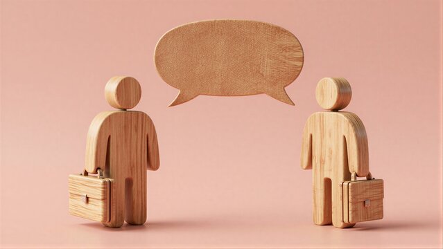 Wooden figures converse, one with briefcase, speech bubble above them against soft pink background.
