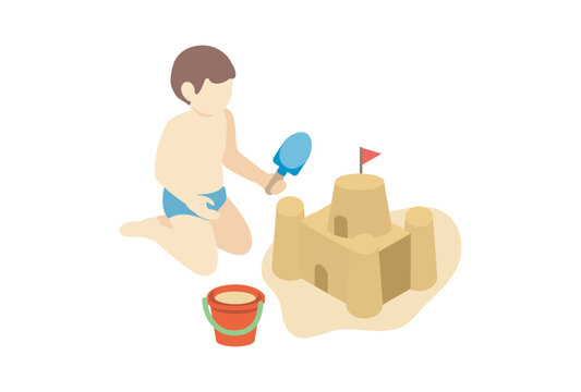 Isometric illustration of a mother sunbathing and her child playing in the sand at the beach