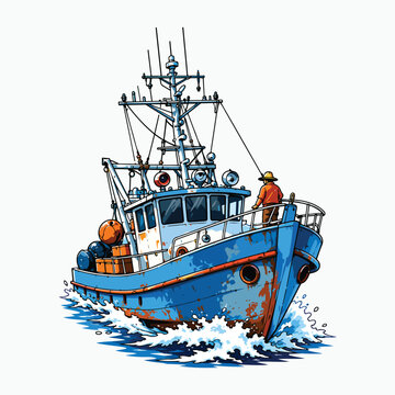 Fishing boat cutting through waves vector illustration