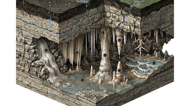 An isolated cross section view of underground cave formations and geological limestone layers