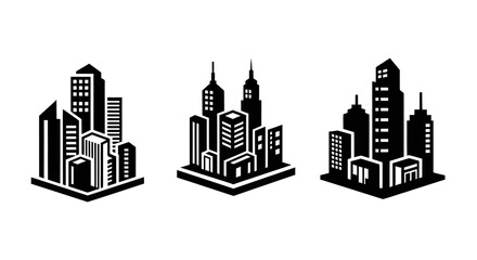 Fototapeta premium Cityscape Icons: Modern Skyscraper Silhouettes on White Background