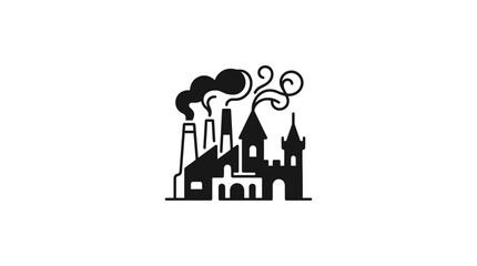 A black and white silhouette icon of a factory combined with a castle structure. © Dzaki_Mahir