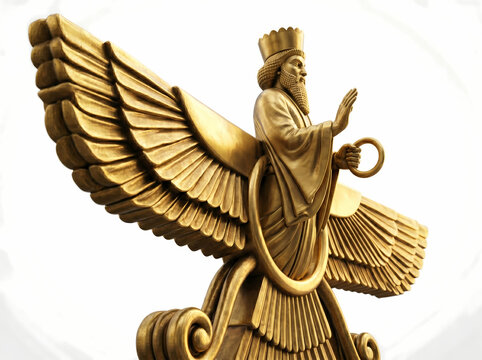 Golden faravahar zoroastrian symbol from ancient persia and iran with winged sun disc design for background