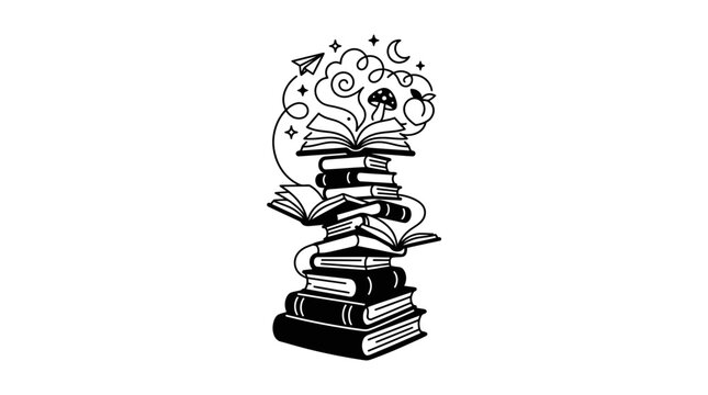 A stack of vintage books with magical elements and swirling smoke illustration.