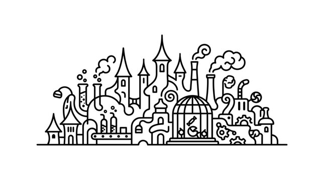 A detailed black and white line art illustration of a whimsical steampunk laboratory city.