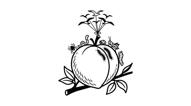 A detailed black and white line art illustration of a peach infested with various insects and worms.