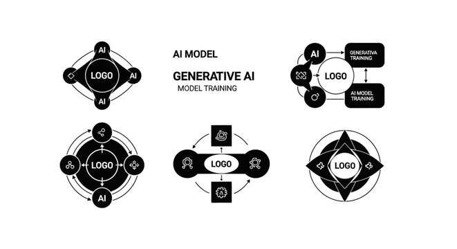 Generative AI Model Training: Abstract Icons and Flowcharts