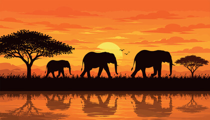 African Elephant Family Walking at Sunset in Savanna near Water, Silhouette Illustration of Wildlife Landscape with Acacia Trees and Orange Sky, Vector Art for Travel and Nature Safari © Sadek