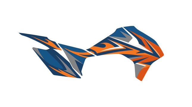 Abstract orange and blue motorcycle racing decal design.