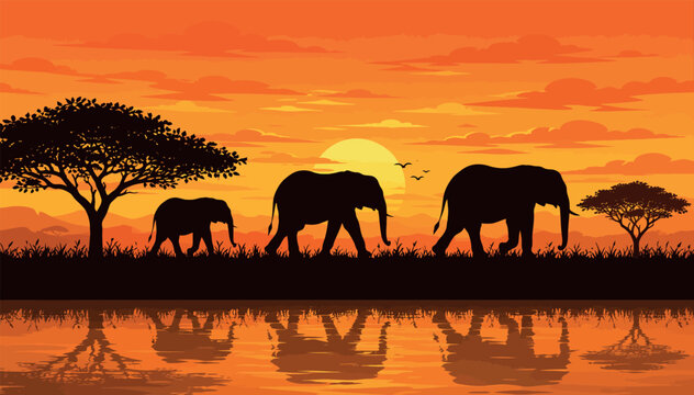 African Elephant Family Walking at Sunset in Savanna near Water, Silhouette Illustration of Wildlife Landscape with Acacia Trees and Orange Sky, Vector Art for Travel and Nature Safari