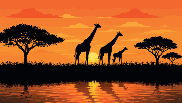 African Savanna Sunset Landscape Vector Illustration with Silhouetted Giraffe Family, Acacia Trees, and River Reflections. Scenic Safari Background for Wildlife and Nature Design.