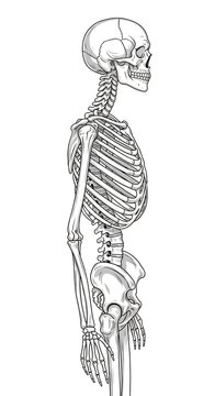 Human skeletal system anatomical line drawing.