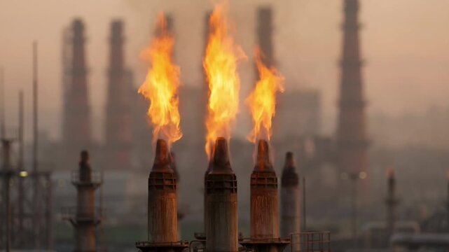 Industrial refinery flame fire smoke pollution energy production at sunset, fiery gas burner flare stack tower in dramatic orange sky, petrochemical power plant background with intense heat glow