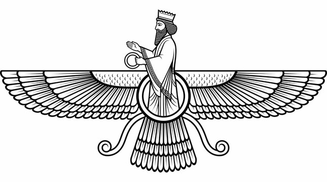 Black and white faravahar zoroastrian symbol from ancient persia and iran perfect graphic emblem for printing on t shirts mugs and clothes