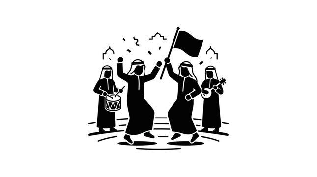 Group of Saudi men in traditional thobes celebrating with music and a flag.