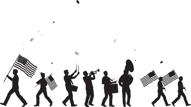Marching band with american flags and instruments