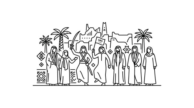 Group of people in traditional Arabic clothing celebrating with a sword and flag.