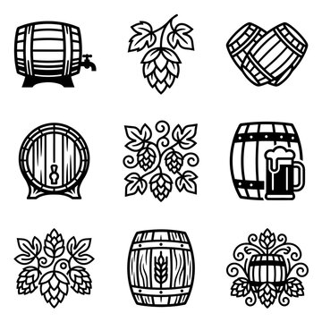 Hops and beer barrels icons.
