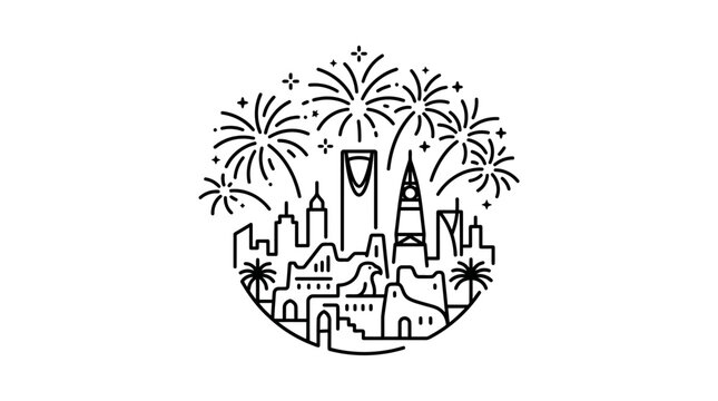 Minimalist line art illustration of the Riyadh city skyline with fireworks.