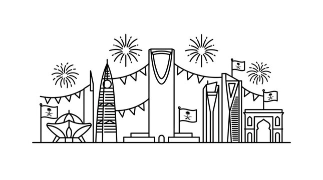 Line art illustration of the Riyadh city skyline featuring iconic landmarks and festive decorations.