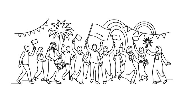 A group of people celebrating with flags and music in a festive line art illustration.