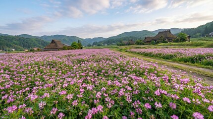 Obraz premium Scenic Japanese countryside with a vast field of pink cosmos flowers and traditional thatched-roof houses under a cloudy sky