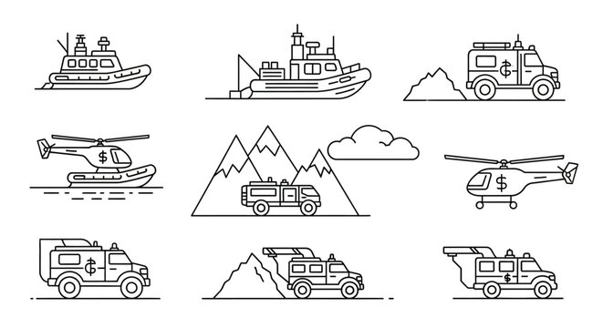 Collection of rescue vehicle line icons.