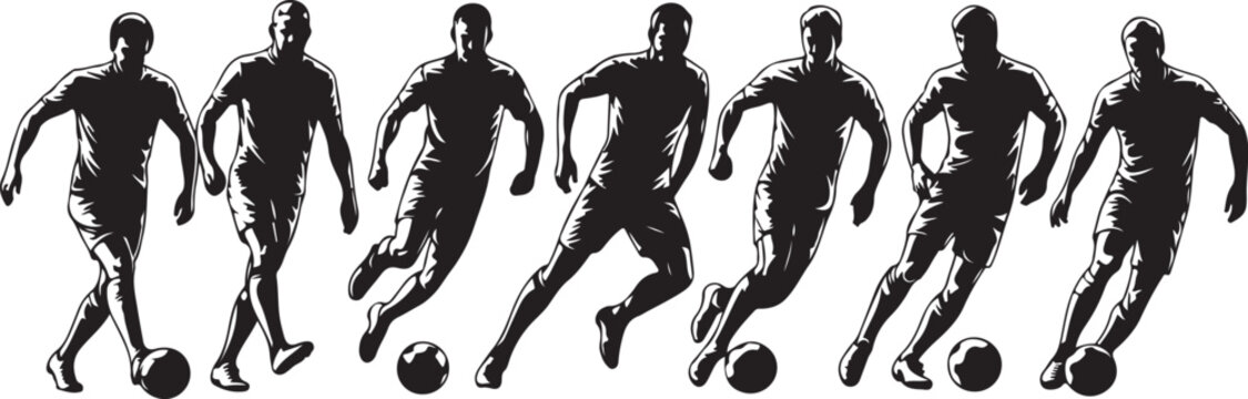 Soccer players running with ball in action sequence