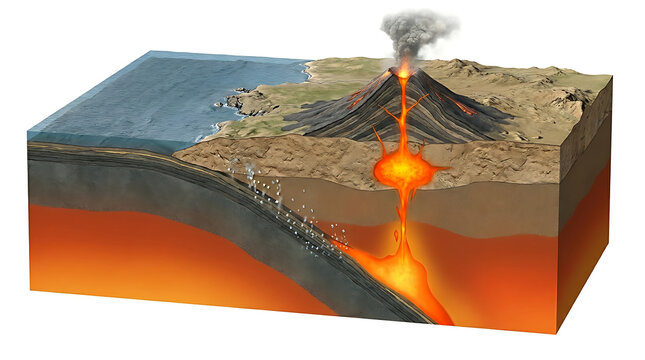Geological cross section of a volcanic subduction zone isolated on white background