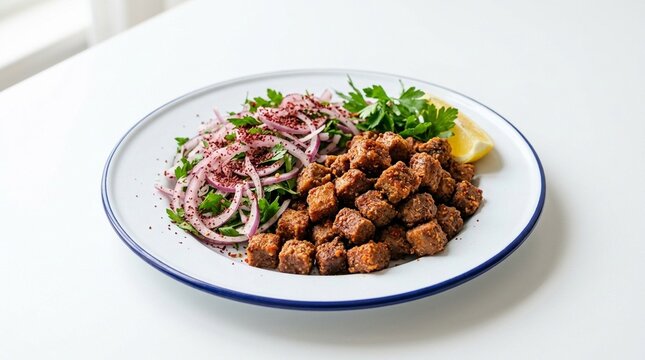 Crispy Fried Arnavut Ciğeri Albanian Liver with Red Onion | Traditional Turkish Offal Commercial Stock Photography
