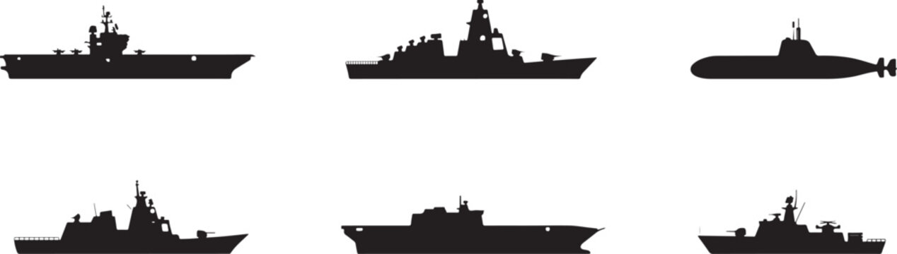 Six navy ships and submarine vector silhouettes