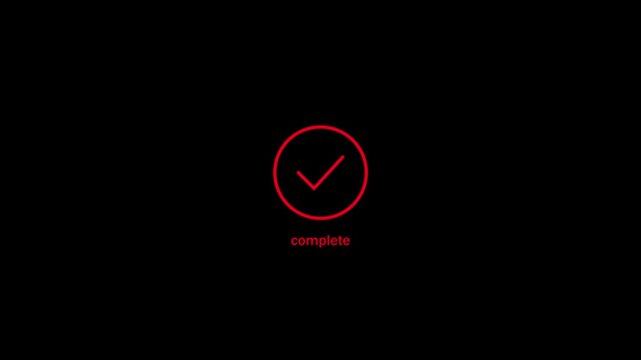 Red checkmark completion on black background with text completion done finished complete tick