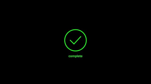 Green checkmark completion on black background with complete text completion complete text success symbol